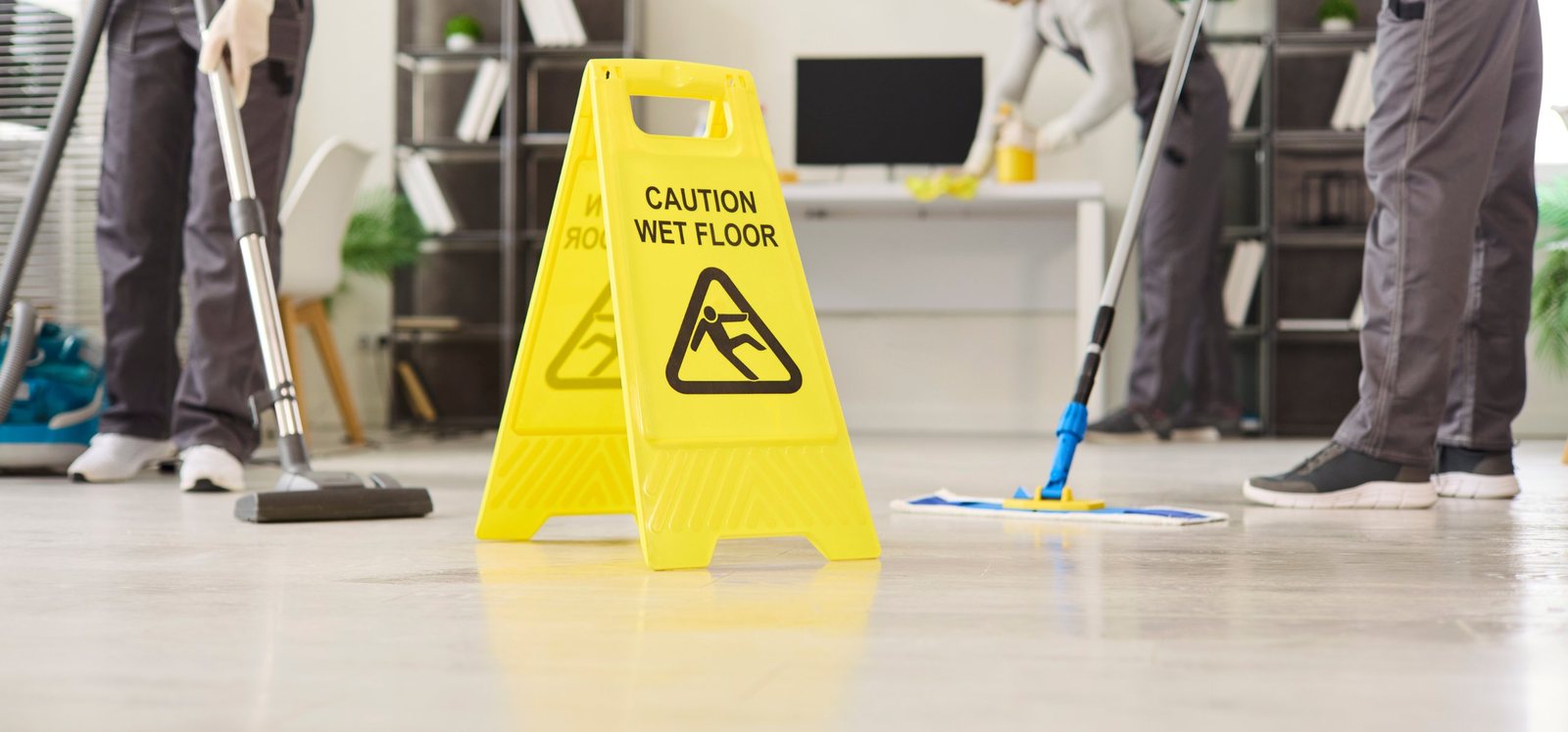 A cleaning team working through an office with a wet floor sign out